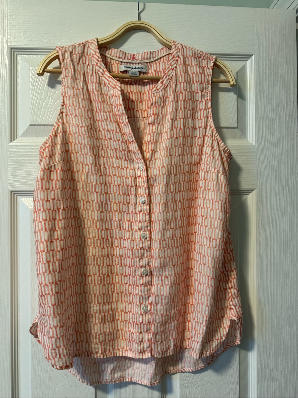 Tommy Bahama 100% Linen Peach Geometric Sleeveless Button Front Blouse - M